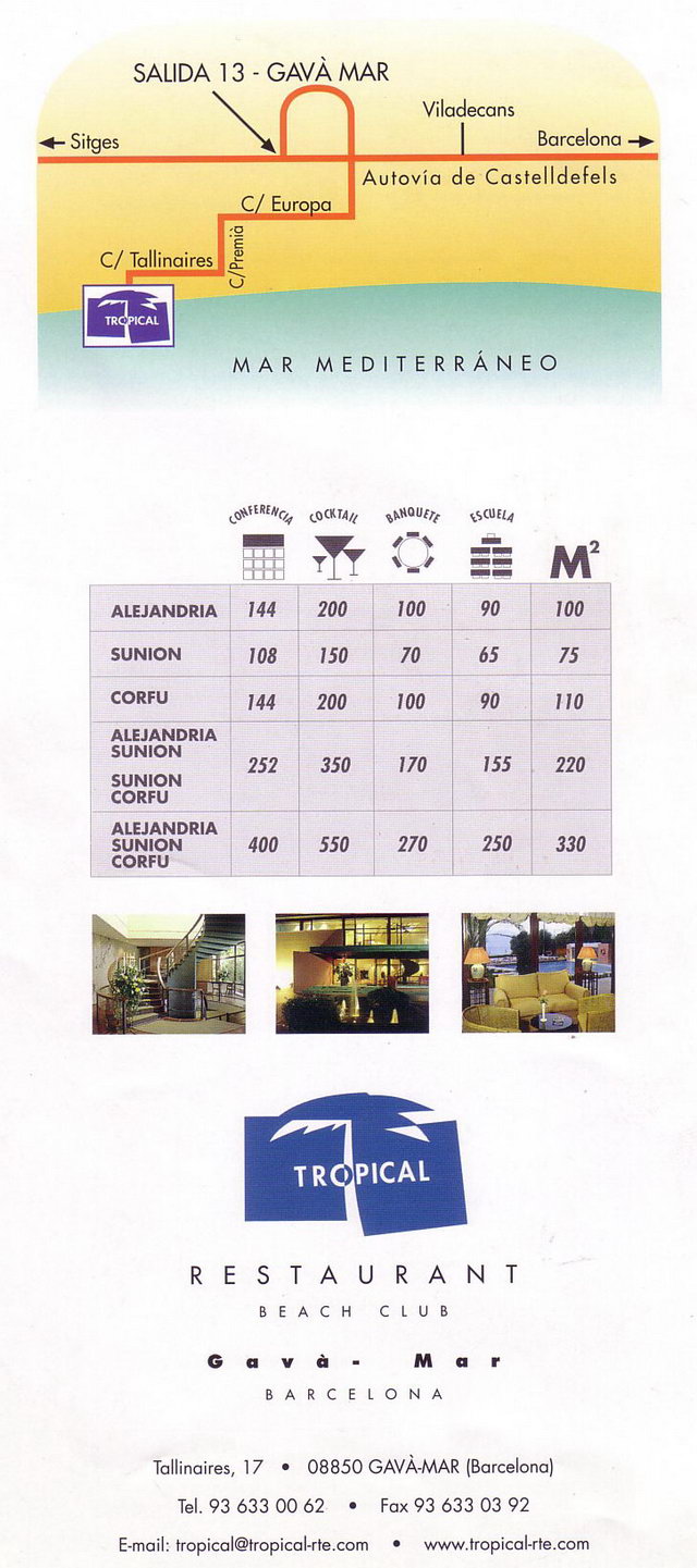 Folleto promocional del restaurante y beach club Tropical de Gav Mar (principios del siglo XXI) (Ubicacin e informacin sobre los salones)